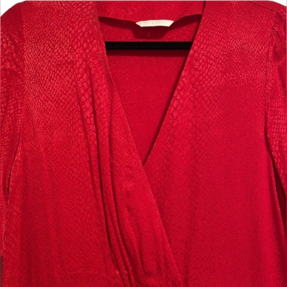 Long sleeve Red Satiny Snake Print V neck Midi Dress. - Picture 8 of 8